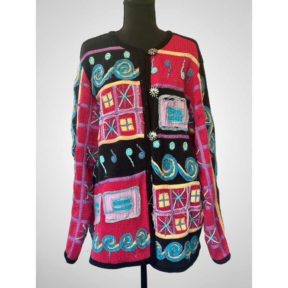 Vintage Alex Kim Art to‎ Wear Patchwork Cardigan  Embroidered 100% Cotton